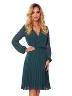 ISABELLE - Plisované dámské šaty v lahvově zelené barvě s dekoltem a dlouhými rukávy 313-1
