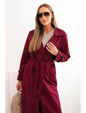Dámský semišový plášť v pase vázaný s límcem a knoflíky bordový Dámský semišový plášť v pase vázaný s límcem a knoflíky bordový