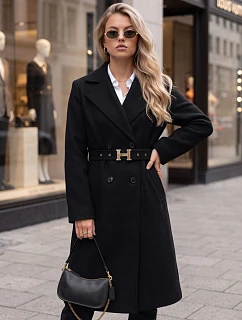 Elegantní černý dámský dvouřadý kabát s páskem FashionStreet NY0791