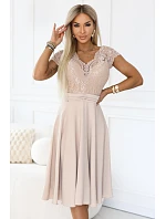 381-7 LINDA šifonové éterické šaty s krajkovým výstřihem - béžové