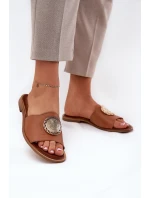 Zazoo 2938 Kožené Pantofle Na Plochém Podpatku S Dekorací Camel