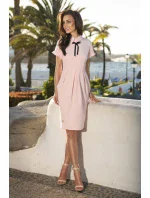 Dámské společenské šaty s límečkem, stužkou a krátkým rukávem dlouhé - Růžová / M - Lemoniade