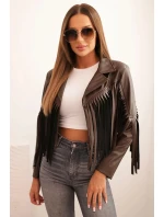 Dámská bunda z eko kůže s třásněmi v boho stylu hnědá