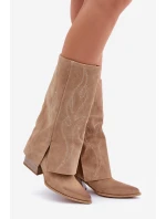 Semišové Kozačky Do Poloviny Lýtka S Otočeným Svrškem Na Podpatku Béžové Zazoo 3487