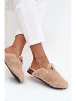 Kožešinové dámské pantofle na platformě s páskem a přezkou béžové Noraline