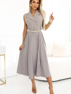 596-2 Elegantní midi košilka se zlatými knoflíky a páskem - GREY BEige