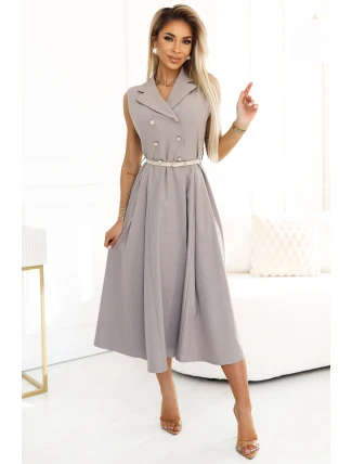 596-2 Elegantní midi košilka se zlatými knoflíky a páskem - GREY BEige 596-2 Elegantní midi košilka se zlatými knoflíky a páskem - GREY BEige