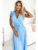 543-2 Plisované midi šaty s výstřihem a jemnými volánky - MODRÉ