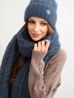 Dámská souprava čepice a šály s žebrovaným vzorem s ozdobou jeansový