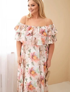 Dámské plus size maxi šaty s volánem off-shoulder a elastickým pasem béžové