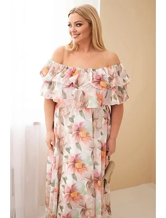 Dámské plus size maxi šaty s volánem off-shoulder a elastickým pasem béžové