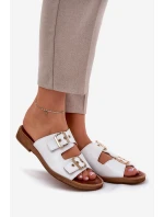 Kožené Ploché Sandály S Přezkami Bílé Zazoo 3020