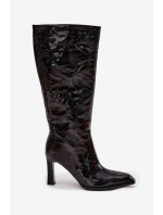 Zdobené Lakované Kozačky Dámské Na Podpatku D&A MR880-055 Černé