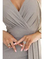 404-11 Třpytivé dlouhé šaty s výstřihem a rozparkem na nohou - GREY BEige s třpytkami