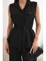 Dámský komplet s vázanou halenkou a širokými kalhotami černý