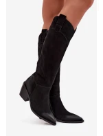 Dámské kožené cowboy kozačky na podpatku z přírodního semiše Artiker 57C0232 Černé