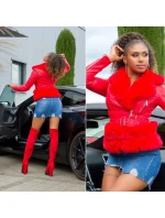 Dámská sexy kožená bunda s umělou kožešinou J930 Červená - In-Stylefashion