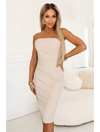 642-3 Korzetové tužkové midi šaty s páskem - béžové