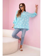 Lněná dámská halenka s květinovým vzorem, dlouhými rukávy a knoflíky Mátová