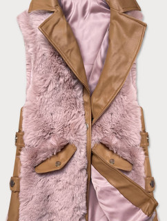 Elegantní vesta v karamelovo-růžové barvě z eko kůže a kožešiny (BR9592-51022)