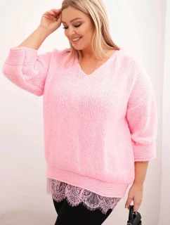 Dámská souprava svetr s výstřihem do V a viskózová halenka s krajkovým spodním lemem cukrová růžová