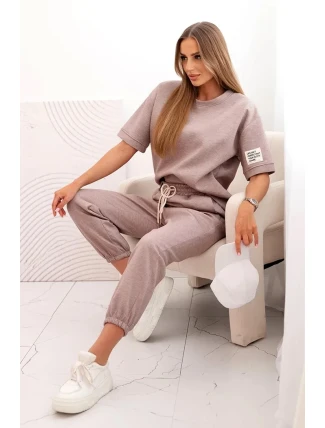 Dámský viskózový komplet s krátkým rukávem a nohavicemi béžový melír