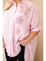 Dámská košile Plus Size z viskózy s květinovým vyšíváním cukrově růžová