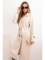 Dámský semišový plášť v pase s límcem a knoflíky světlá béžová
