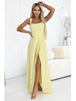 633-3 AURELIA dlouhé svatební šaty s rozparkem a výstřihem typu caro - máslově žluté s třpytkami