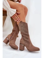 Dámské perforované kozačky do poloviny lýtka ve stylu kovbojek S.Barski – hnědé, eko kůže