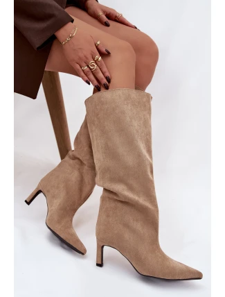 Dámské kozačky z eko semiše na jehlovém podpatku Phelin – béžové