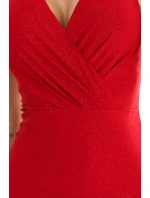 379-5 BOYKA Přiléhavé šaty s obálkovým výstřihem - ČERVENÉ se třpytkami