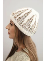 Dámská zimní pletená čepice s ozdobným vzorem K454 ecru + šedá
