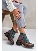 Kožené dámské kotníkové boty na masivním podpatku s ozdobou Maciejka A6747-29 hnědo-zelené