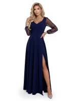 640-3 LORETTA jedinečné dlouhé šaty s tylovými rukávy a výstřihem - tmavě modré 640-3 LORETTA jedinečné dlouhé šaty s tylovými rukávy a výstřihem - tmavě modré