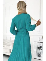 504-6 VIVIANA Plisované midi šaty se srdíčkovým výstřihem, dlouhými rukávy a širokým páskem - barva MARINE