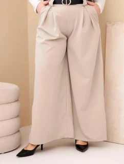 Dámské kalhoty Plus Size viskózové s širokou nohavicí a páskem béžové