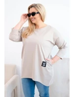 Dámská blůza Plus Size s delším zadním dílem a dlouhým rukávem tmavě béžová