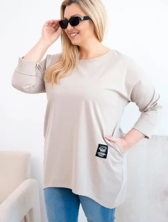 Dámská blůza Plus Size s delším zadním dílem a dlouhým rukávem tmavě béžová