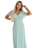 635-8 MELANIA dlouhé třpytivé šaty s výstřihem a krátkými rukávy - pistáciová barva