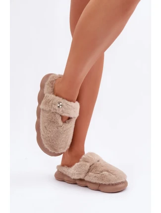 Futrzane Pantofle S Malou Broží Tmavě Béžové Primaria
