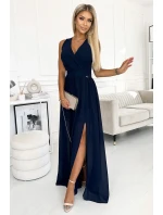 362-7 JUSTINE Dlouhé šaty s výstřihem a kosticemi - ZELENÉ