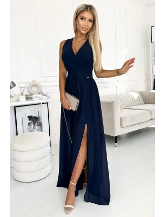 362-7 JUSTINE Dlouhé šaty s výstřihem a kosticemi - ZELENÉ