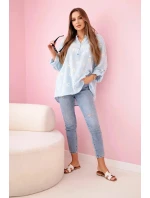 Lněná dámská halenka s květinovým vzorem, dlouhými rukávy a knoflíky Modrá