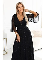 654-5 Dlouhé lesklé plus size šaty s výstřihem a průhlednými rukávy - černé