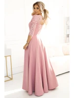 309-13 AMBER elegantní dlouhé krajkové šaty s výstřihem - pudrově růžové