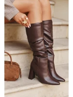 Zateplené dámské kozačky na podpatku s mašlí v hnědé barvě Dariane