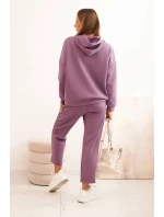 Komplet dámský máslový mikina s kapucí a kalhoty s páskem fialový