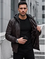 Pánská kožená zateplená bunda s kapucí, tmavě hnědá, FashionStreet TX5140 Pánská kožená zateplená bunda s kapucí, tmavě hnědá, FashionStreet TX5140