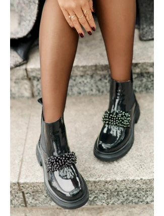 Kožené Lakované Botky S Dekorací Nazouvací Zateplené Černé Solimav